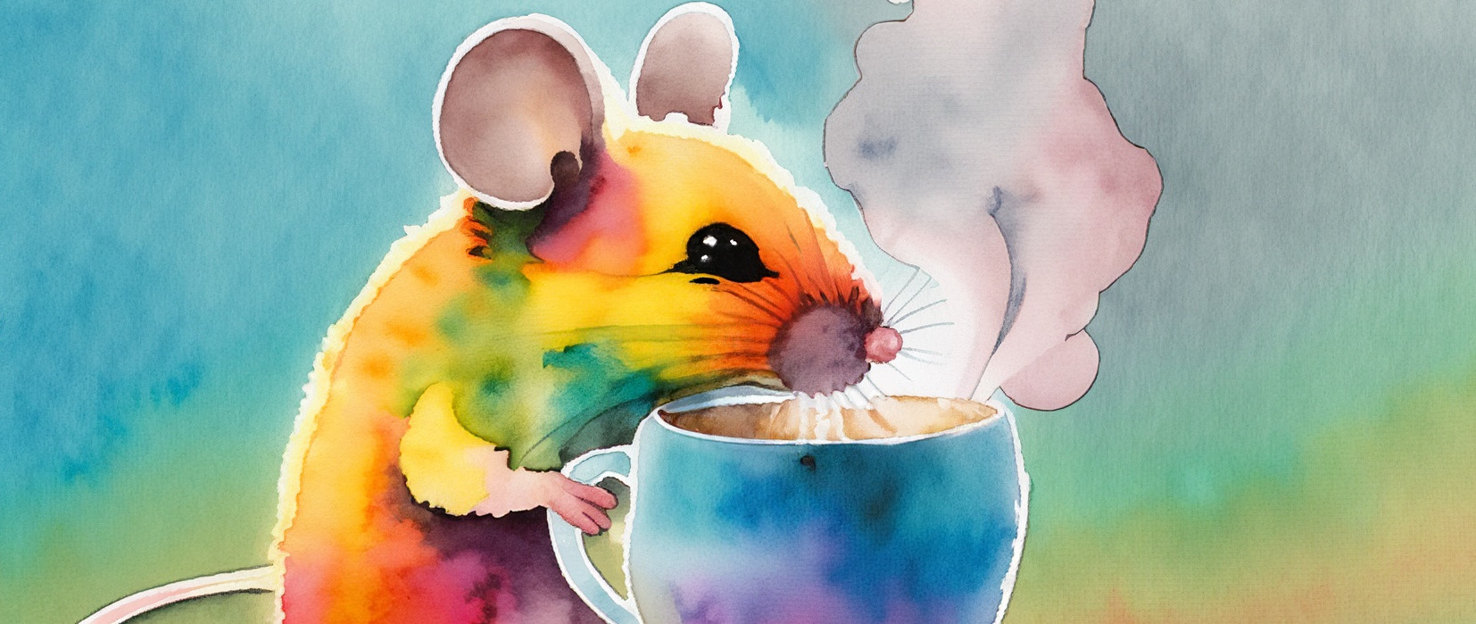 firefly pastel watercolor of rainbow mouse smelling steam from a cup of coffee 95624